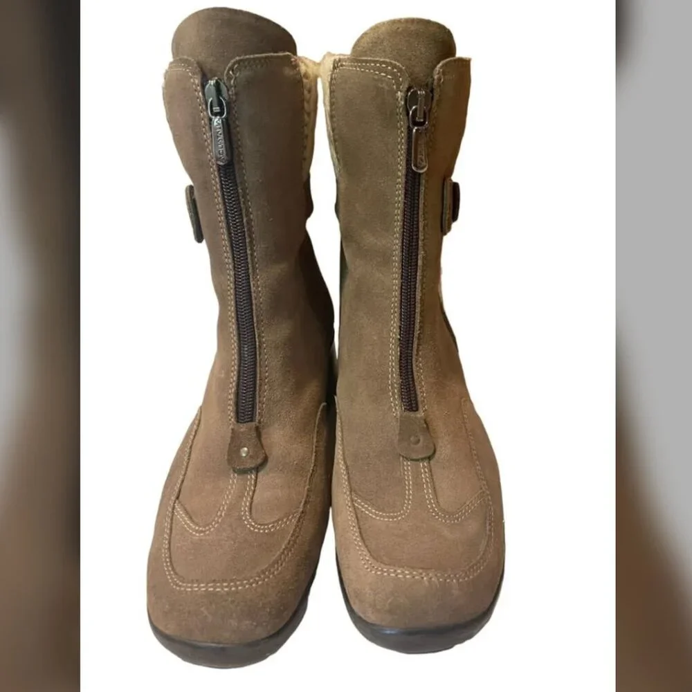 Aquatalia Leather Sweater Knit Cuff Front Zippered Wedge Boots Women's size 7.5